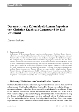 Der Umstrittene Kolonialzeit-Roman Imperium Von Christian Kracht Als Gegenstand Im Daf- Unterricht