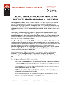 Chicago Symphony Orchestra Association Announces Programming for 2013/14 Season