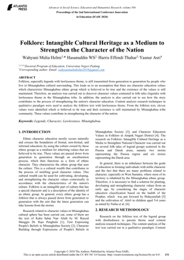 Folklore: Intangible Cultural Heritage As a Medium to Strengthen The