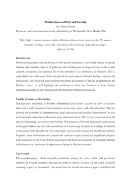 Muslim Spaces of Piety and Worship Mr. Karim Jiwani This Is an Edited Version of an Article Published by in the Ismaili-UK in March 2006