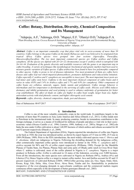 Coffee: Botany, Distribution, Diversity, Chemical Composition and Its Management