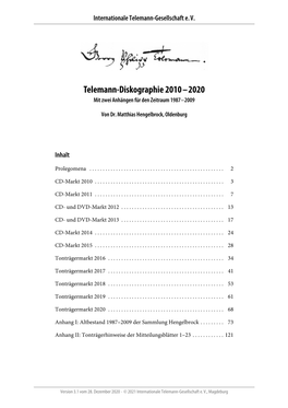 Telemann-Diskographie 2010–2020 Mit Zwei Anhängen Für Den Zeitraum 1987–2009
