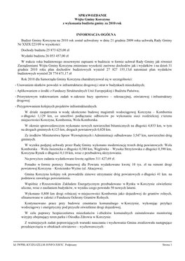 SPRAWOZDANIE Wójta Gminy Korczyna Z Wykonania Budżetu Gminy Za 2010 Rok INFORMACJA OGÓLNA Budżet Gminy Korczyna Na 2010