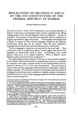 Reflections on Sections 51 and 91 of the 1979 Constitution of the Federal Republic of Nigeria