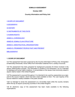 SOMALIA ASSESSMENT October 2001 Country Information And