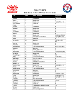 TEXAS RANGERS Bally Sports Southwest Primary Channel Guide