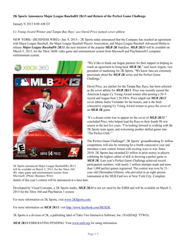 2K Sports Announces Major League Baseball® 2K13 and Return of the Perfect Game Challenge