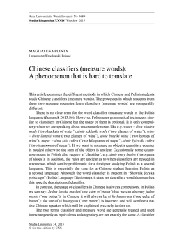 Chinese Classifiers (Measure Words): a Phenomenon That Is Hard to Translate 119