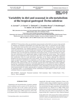 Variability in Diel and Seasonal in Situ Metabolism of the Tropical Gastropod Tectus Niloticus