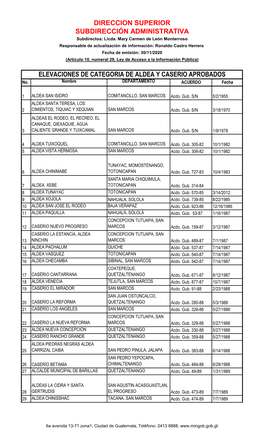 Elevaciones De Categoria De Aldea Y Caserio Aprobados Direccion Superior Subdirección Administrativa