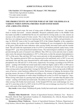 Agricultural Sciences the Productivity of Winter Wheat of the Volzhskaya K Variety When Sowing Freshly Harvested Seeds and a Ro