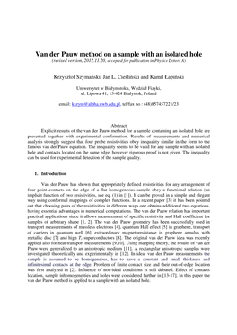 Van Der Pauw Method on a Sample with an Isolated Hole (Revised Version, 2012.11.20, Accepted for Publication in Physics Letters a )