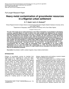 Heavy Metal Contamination of Groundwater Resources in a Nigerian Urban Settlement