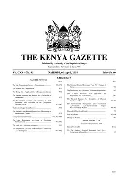 THE KENYA GAZETTE Published by Authority of the Republic of Kenya (Registered As a Newspaper at the G.P.O.)