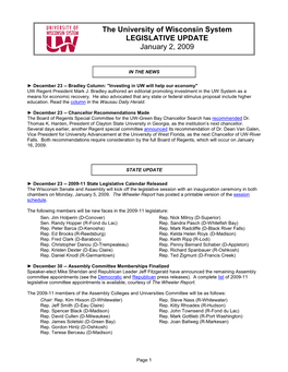 The University of Wisconsin System LEGISLATIVE UPDATE January 2, 2009