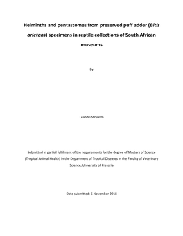 Helminths and Pentastomes from Preserved Puff Adder (Bitis Arietans) Specimens in Reptile Collections of South African Museums