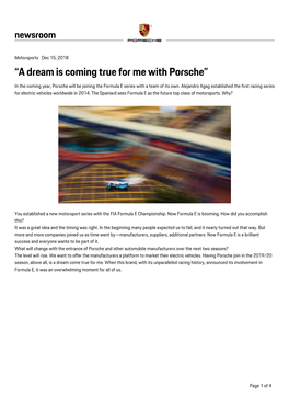 “A Dream Is Coming True for Me with Porsche” in the Coming Year, Porsche Will Be Joining the Formula E Series with a Team of Its Own