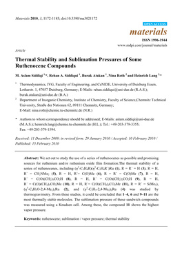 Thermal Stability and Sublimation Pressures of Some Ruthenocene Compounds