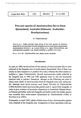 Two New Species of Austroaeschna SELYS from Queensland, Australia (Odonata: Aeshnidae: Brachytroninae)