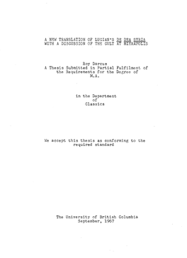 A New Translation of Lugian's De Dea Syria with a Discussion of the Cult at Hierapolis