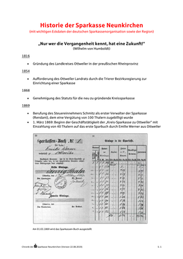 Historie Der Sparkasse Neunkirchen (Mit Wichtigen Eckdaten Der Deutschen Sparkassenorganisation Sowie Der Region)