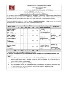 OIL and NATURAL GAS CORPORATION LIMITED Hazira Plant, PO ONGC Nagar, Surat-394518 Telephone: 0261-2875500 (Office), 0261-2875577 (Fax) Advt