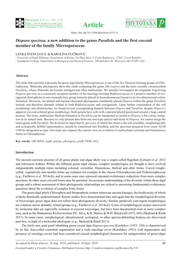 Dispora Speciosa, a New Addition to the Genus Parallela and the First Coccoid Member of the Family Microsporaceae