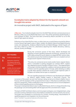 Euroduplex Trains Adapted by Alstom for the Spanish Network Are Brought Into Service an Innovative Project with SNCF, Dedicated to the Regions of Spain