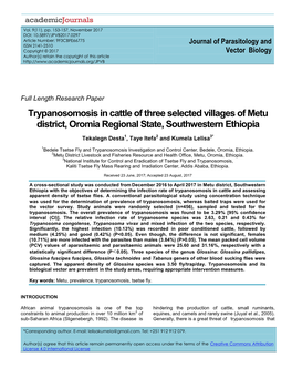 Trypanosomosis in Cattle of Three Selected Villages of Metu District, Oromia Regional State, Southwestern Ethiopia