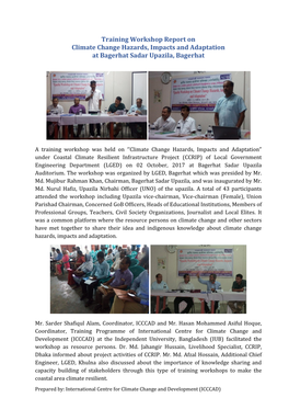 Training Workshop Report on Climate Change Hazards, Impacts and Adaptation at Bagerhat Sadar Upazila, Bagerhat