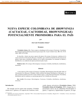 Nueva Especie Colombiana De Browningia (Cactaceae, Cactoideae, Browningieae) Potencialmente Promisoria Para El País