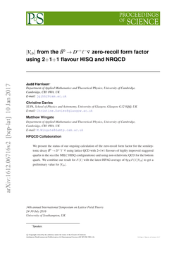 $| V {Cb}| $ from the $\Bar {B}^ 0\To D^{*+}\Ell^-\Bar {\Nu} $ Zero-Recoil Form Factor Using $2+ 1+ 1$ Flavour HISQ and NRQCD