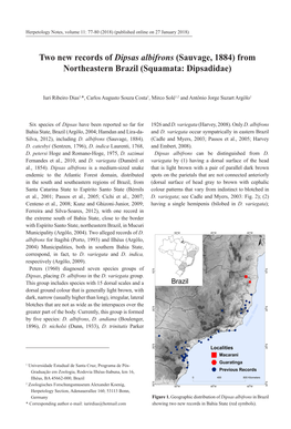 Two New Records of Dipsas Albifrons (Sauvage, 1884) from Northeastern Brazil (Squamata: Dipsadidae)