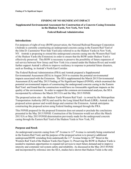 FINDING of NO SIGNIFICANT IMPACT Supplemental Environmental Assessment for Construction of a Concrete Casing Extension in the Hu