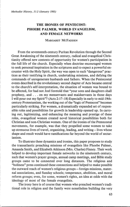 PHOEBE PALMER, WORLD EVANGELISM, She and FEMALE NETWORKS D.), Ws, MARGARET Mcfadden Ted from the Seventeenth-Century Puritan Revolution Through the Second :M