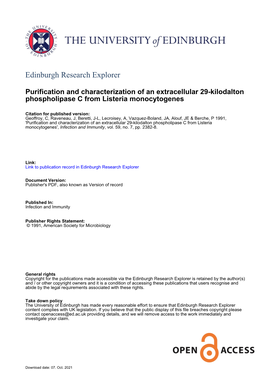 Purification and Characterization of an Extracellular 29-Kilodalton Phospholipase C from Listeria Monocytogenes