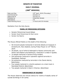 SENATE of PAKISTAN DAILY JOURNAL (288Th SESSION)