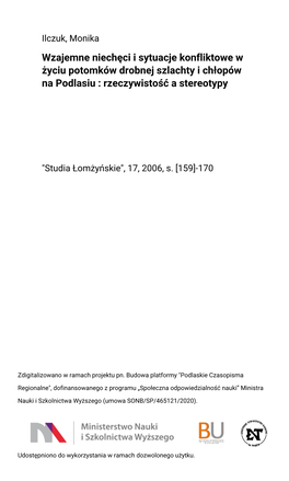 Wzajemne Niechęci I Sytuacje Konfliktowe W Życiu Potomków Drobnej Szlachty I Chłopów Na Podlasiu : Rzeczywistość a Stereotypy