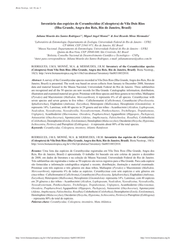 Inventário Das Espécies De Cerambycidae (Coleoptera) De Vila Dois Rios (Ilha Grande, Angra Dos Reis, Rio De Janeiro, Brasil)