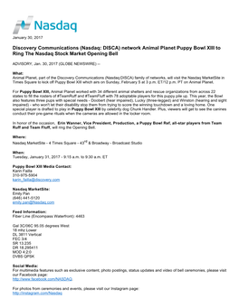 Network Animal Planet Puppy Bowl XIII to Ring the Nasdaq Stock Market Opening Bell