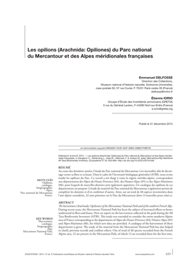 Les Opilions (Arachnida: Opiliones) Du Parc National Du Mercantour Et Des Alpes Méridionales Françaises