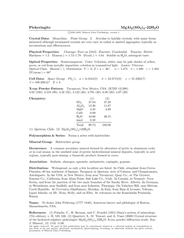 Pickeringite Mgal2(SO4)4 • 22H2O C 2001-2005 Mineral Data Publishing, Version 1