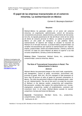 El Papel De Las Empresas Trasnacionales En El Comercio Minorista. La Walmartización En México