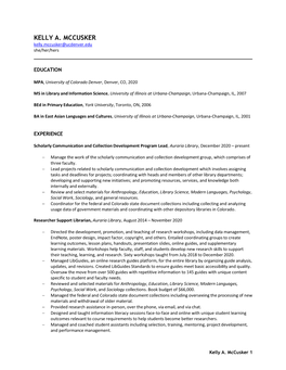 KELLY A. MCCUSKER Kelly.Mccusker@Ucdenver.Edu She/Her/Hers