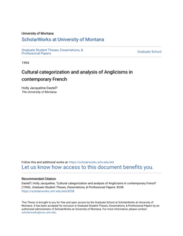 Cultural Categorization and Analysis of Anglicisms in Contemporary French