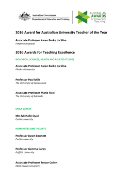 2016 Award for Australian University Teacher of the Year 2016 Awards