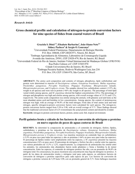 Gross Chemical Profile and Calculation of Nitrogen-To-Protein Conversion Factors for Nine Species of Fishes from Coastal Waters of Brazil