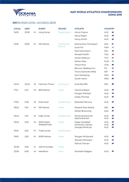 Oceania Athlete Timetable