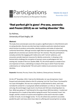 'That Perfect Girl Is Gone': Pro-Ana, Anorexia and Frozen (2013) As An