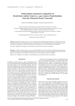 Redescription and Generic Assignation of Dendrobates Rufulus Gorzula, 1990 (Anura: Dendrobatidae) from the Chimantá Massif, Venezuela